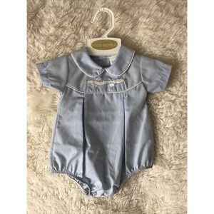 Vtg Baby Classic Blue Collared Bubble Outfit Baby Boy NB 6-10 Lbs Embroidery USA